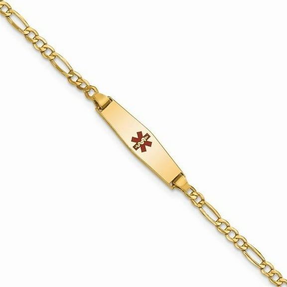 Primal Gold 14 Karat Yellow Gold Medical Semi-Solid Soft Diamond Shape Red Enamel Figaro ID Bracelet