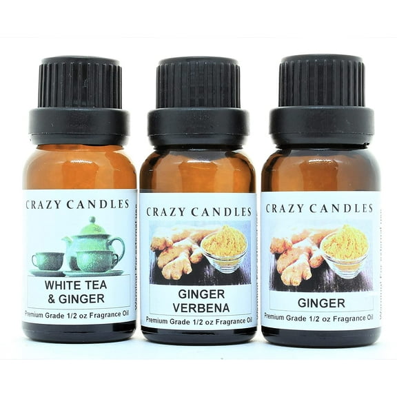 Crazy Candles 3 Bottles Set, 1 White Tea & Ginger, 1 Ginger, 1 Ginger Verbena 1/2 fl oz Each (15ml) Premium Grade Scented Fragrance Oils