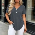 thumbnail image 2 of Women's Short Sleeve Curved Hem Shirts Summer Oversized V-Neck Button Down T-Shirt Casual Plain Daily Wear Tops Gray, 2 of 6