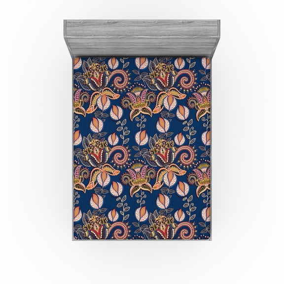 Ambesonne Oriental Floral Fitted Sheet, Eastern Themed Boho, California King, Dark Lavender Salmon and Pink