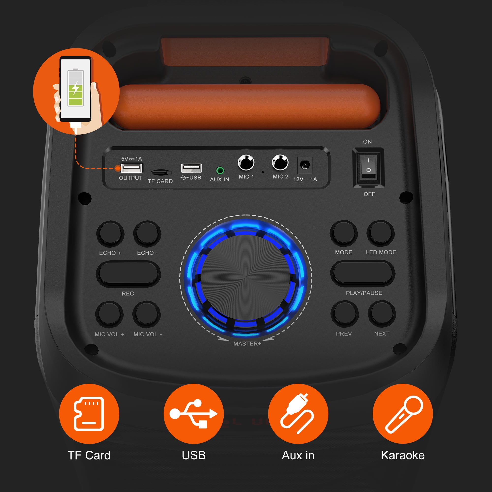 FanFun Large Party Speaker, Bluetooth Speaker with Wheels for Outdoor, Deep Bass System with Led Party Lights, Trolley Bar