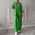 thumbnail image 3 of Autumn Plus Size 2 Piece Sets for Women Solid Color Retro Classic Wersatile Casual Cotton Linen Shirt Drawstring Wide Leg Pants Set Long Sleeved Round Neck Top/Shirt Set, 3 of 8