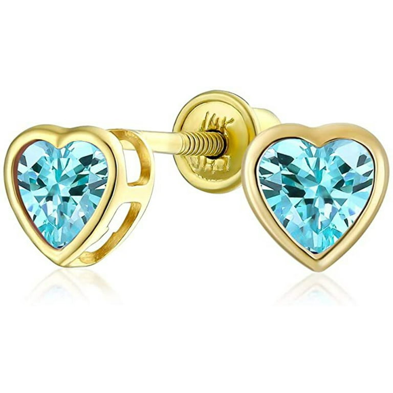 Diamond Cut Heart Shape Child Stud Earrings Screw Back 14K Solid