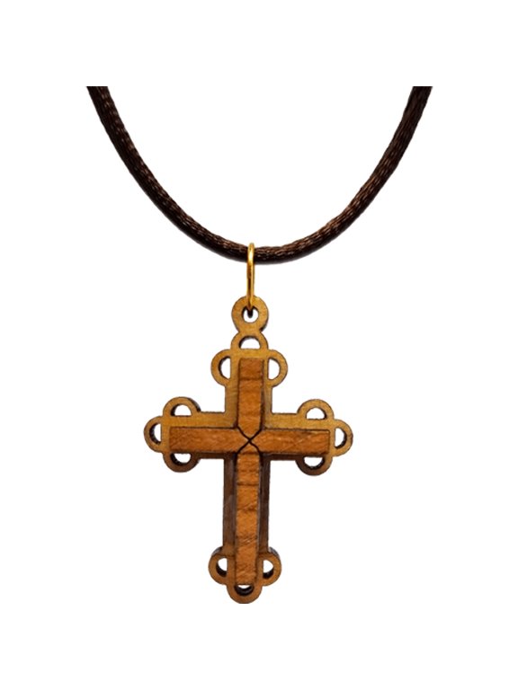 Olive Wood Raised Filigree Bottony Cross Necklace