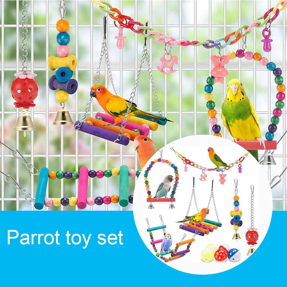 11-Piece Natural Wood Bird Cage Toys Set for Parrots, Parakeets, Cockatiels - Chewable Swing, Beads, and Foraging Fun