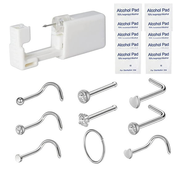 Nose Piercing Kit - Disposable Sterile Home Self Nose Piercing Gun Safe Painless Nose Stud Piercing Kit Tool with 2mm Stainless Steel Nose Pin (White Crystal)