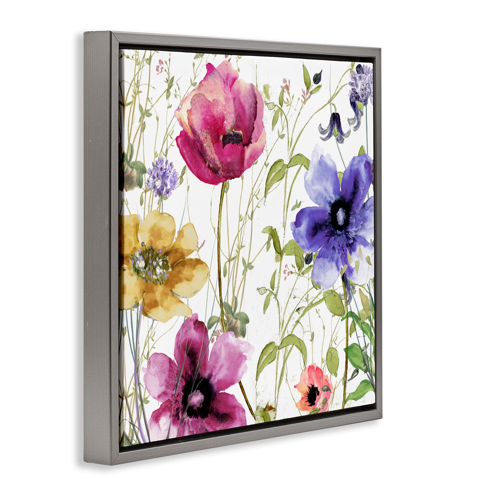 Botanical Spring Garden Blooms Gray Framed Floater Canvas Wall Art, design by Sasha