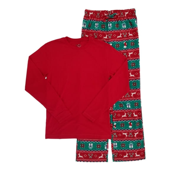 Mens 2-Piece Christmas Holiday Fair Isle Reindeer Fleece Sleepwear Pajama Set M