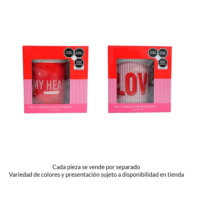 Taza Cimarrón San Valentín con chocolate 40 g varios modelos 1 pza, taza de cerámica con diseños de amor y amistad en empaque rojo y rosa, incluye chocolate con leche macizo, apta para microondas y lavavajillas, ideal para regalar en fechas especiales o como detalle dulce en despensa.