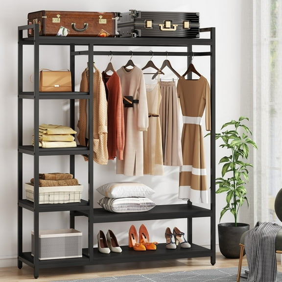 Fnova Clothes Rack with Shelf, Freestanding Closet Organizer, Heavy Duty Industrial Hall Tree Garments Rack for Small Space, Bedroom, Black