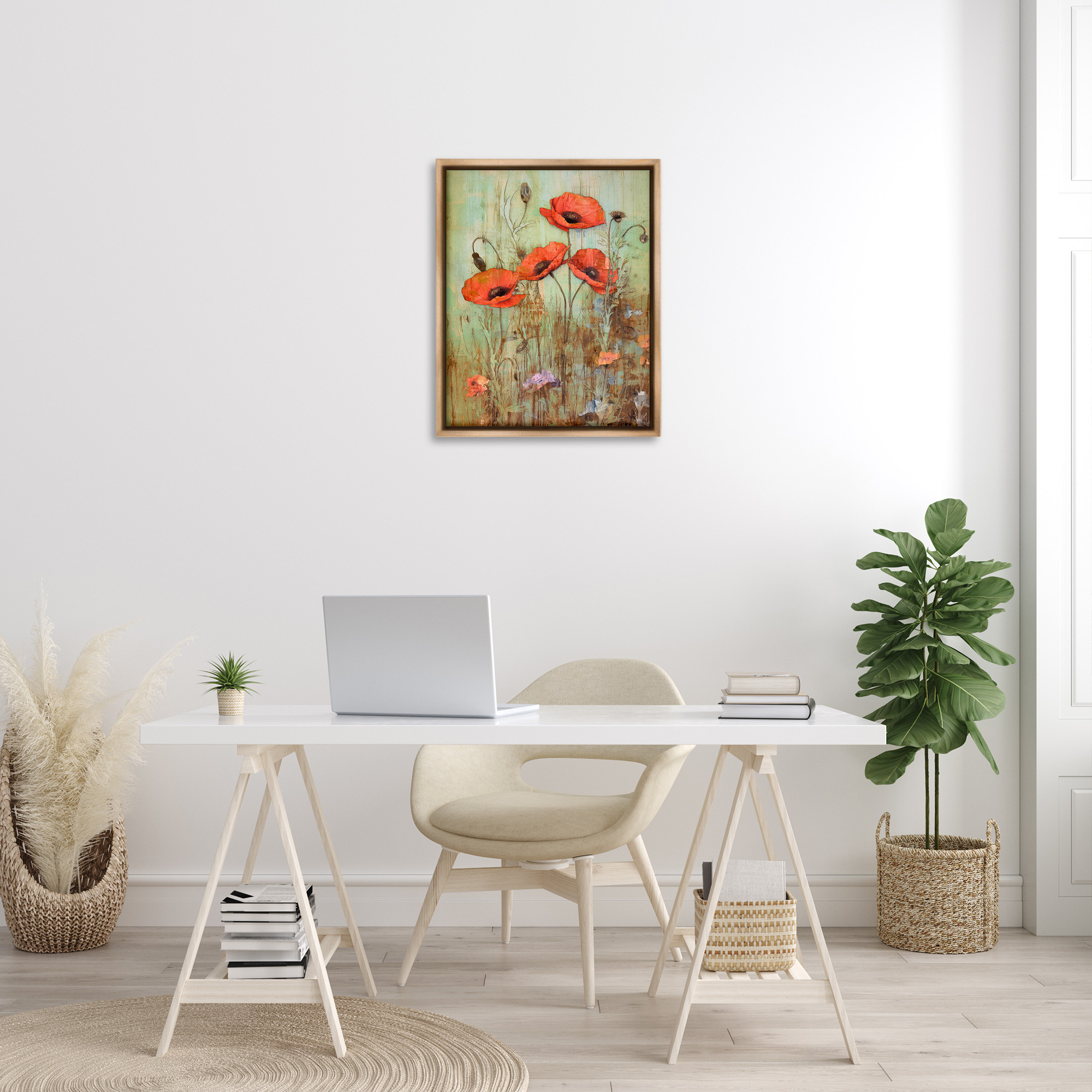 Stupell Industries Rustic Red Poppies Botanical & Floral Painting Brown Floater Framed Canvas Art Print Wall Art, 25 x 31