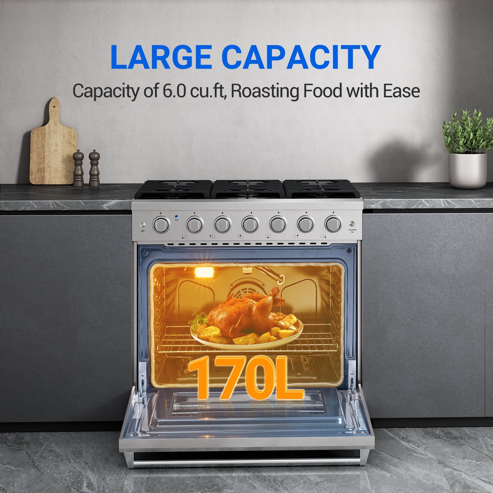 AAOBOSI 36 Inch Front Control Gas Range Oven with 6 Cooktop Burners, 6 Cu. Ft Convection Oven with Knobs Control, Heavy Duty Cast Iron Grates in Stainless Steel