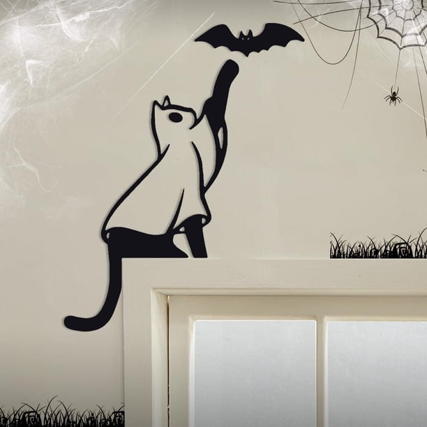 Adorno de puerta de metal con forma de gato adorable, adorno de puerta de gato nuevo 2024, adorno de puerta de Halloween de metal con forma de gato negro, marco de letrero decorativo para esquina de p