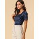 thumbnail image 4 of Blusa de cuadros Allegra K Cuello Cuadrado Mujer Manga Corta Verano Oficina Azul Marino XL, 4 of 6