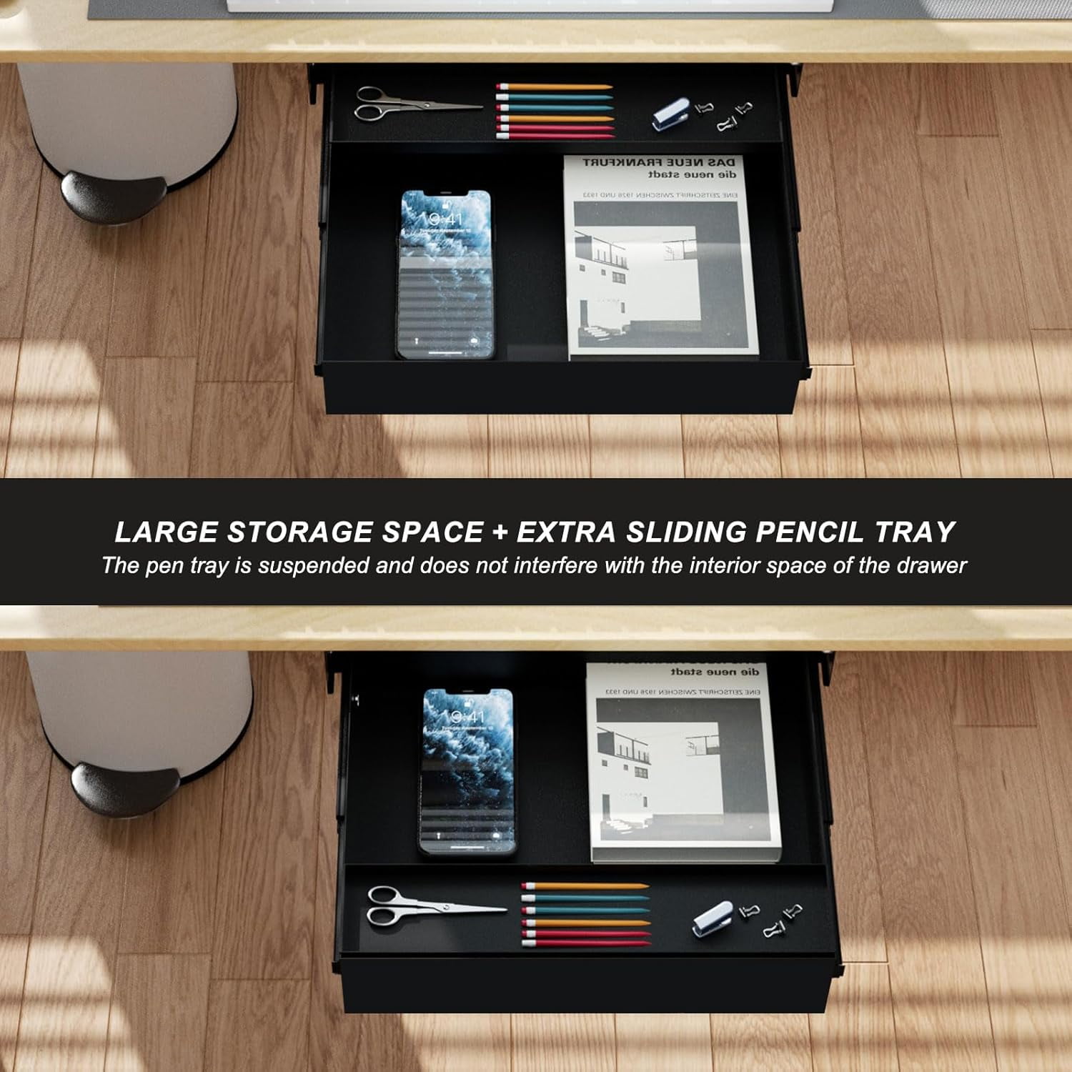 Under Desk Drawer with Sliding Pencil Tray -  Large Storage Organizer for Office Supplies