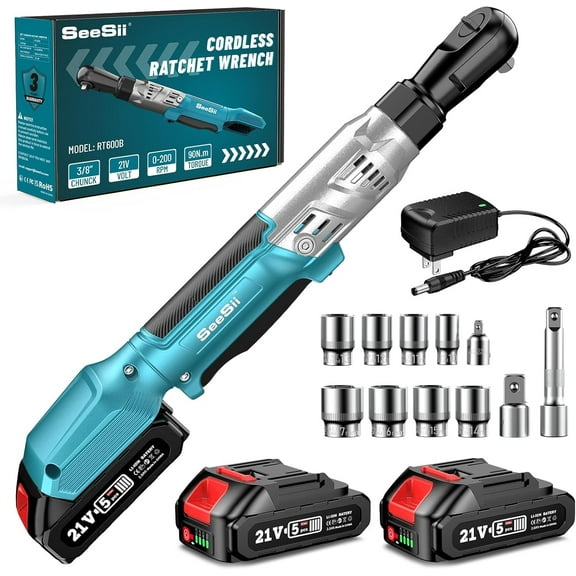 Seesii 21V 3/8" Cordless Electric Ratchet Wrench Set 90Nm, 66Ft-lbs Power Ratchet Wrench, Variable Speed Trigger, 2pcs 2.0Ah Batteries, 8pcs Sockets, 1/4" & 1/2" Adapter, 3" Extension Bar, RT600B