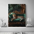 thumbnail image 2 of Mudket Framed Leopard Canvas Wall Art, Leopard on Emerald Green Sofa Animal Print Wall Decor, Luxury Jungle Art Ready to Hang for Living Room - 12"L x 8"W, 2 of 10