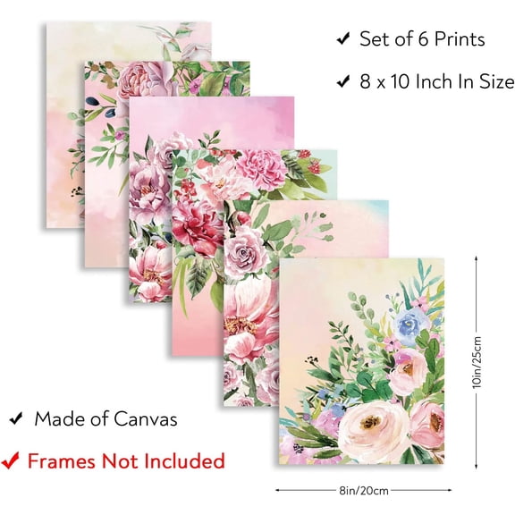 6 PCS Flowers Canvas Prints Pink Rose Canvas Art Foliage Berries Painting Decorative Wall Art Pictures for Living Room Dining Room TV Wall Decor (No Frame)