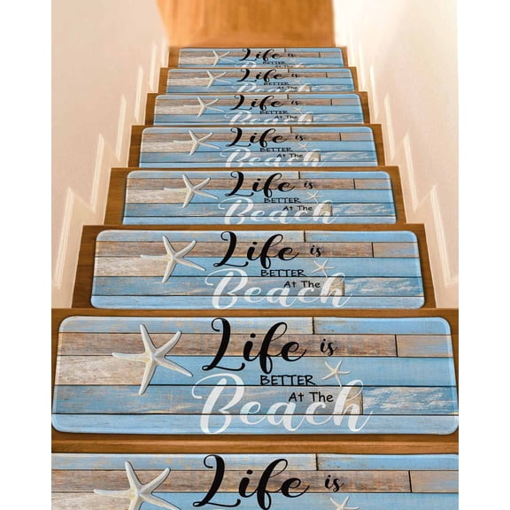 Stair Treads for Wooden Steps, Blue Beach Peel and Stick Stair Treads with Adhesive, Coastal Starfish Graffiti Retro Wooden Plank Non Slip Indoor Stairs Runner Rugs Mats for Elders Dogs 8"x30"4PCS