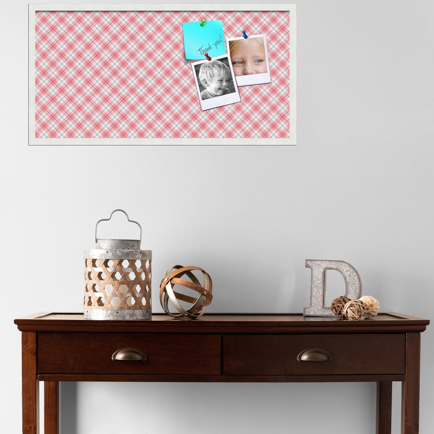 PinPix ArtToFrames 34x16 Custom Cork Bulletin Board Argyle Light Pink   Poster Board Has a Fabric Style Canvas Finish, Framed in Satin White Frame (PinPix-649)