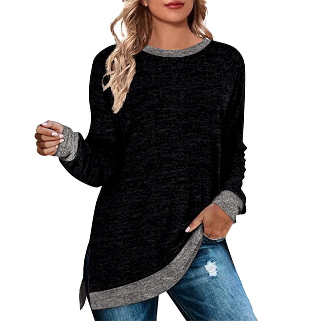 MSJUHEG Hauts pour Femmes Hauts à Manches Longues pour Femmes Chandails en Molleton Décontractés à Blocs de Couleur Chemises à Manches Longues avec Poche Tunique Col Rond Fentes devant Court derrière Hauts d'Automne pour Femmes Noir S