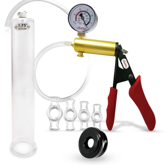 LeLuv Ultima Penis Pump, Brass w/ Red Handle, Silicone Grip, Clear Hose Gauge | TPR Seal, 4 Cock Rings | 12" x 1.75" Cylinder