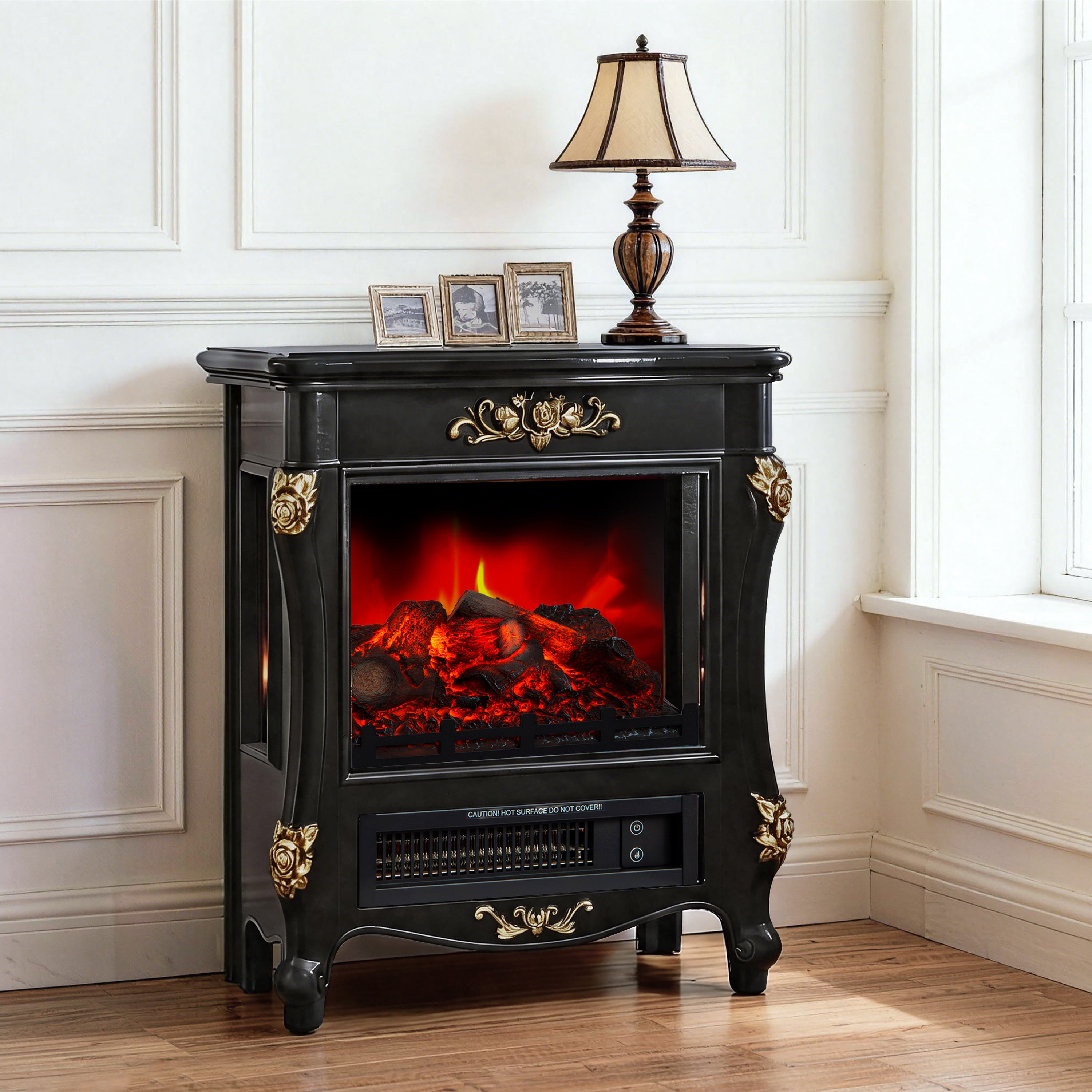 JoyRiver Small Electric Fireplace Heater with 4 Flame Levels, Remote & Timer, Portable Space-Saving Design for Bedroom Living Room,Black & Gold