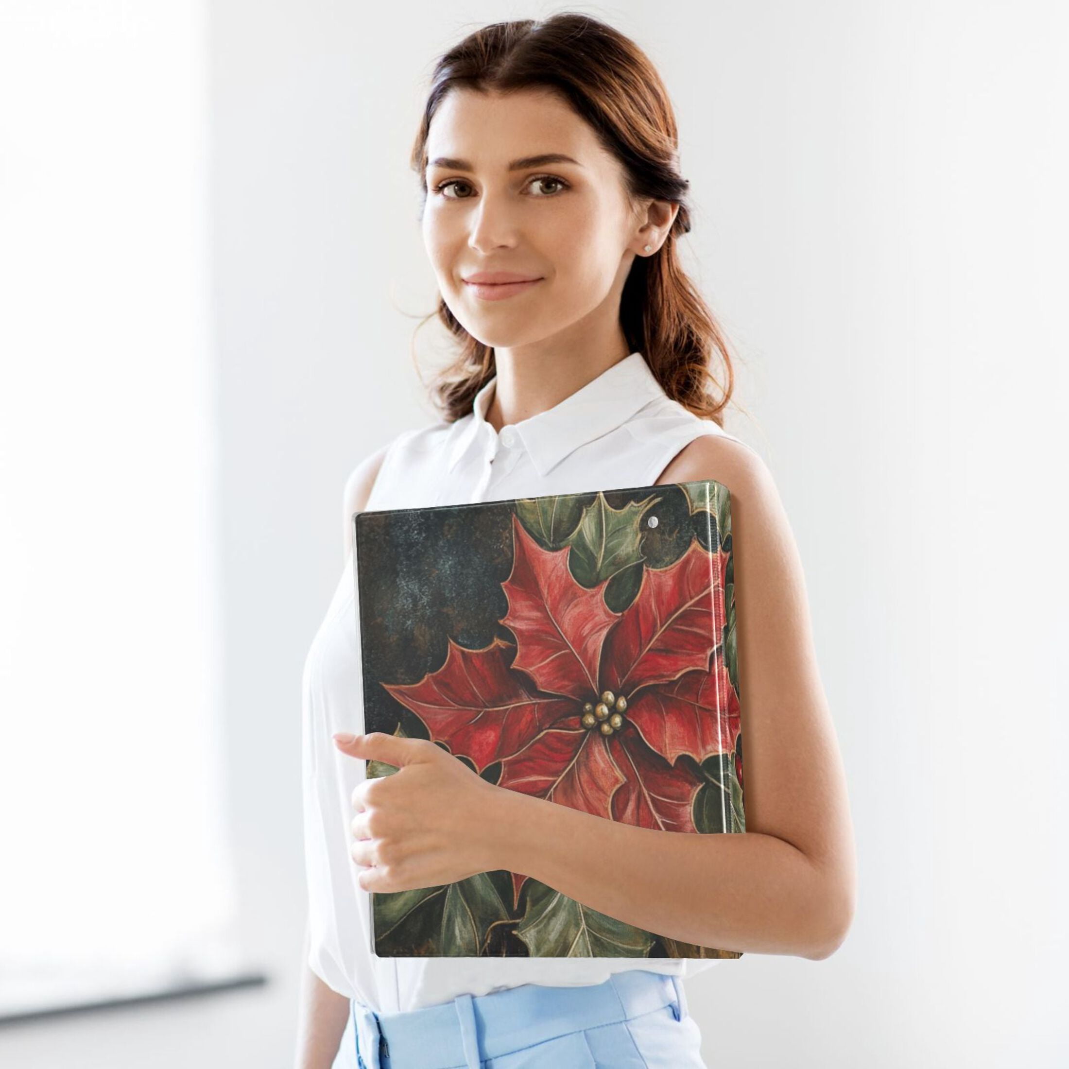 Adorned Poinsettia Holly Leaves 3 Ring Binders 1.5 inch Hardcover File Folders with Interior Pockets A4 Size Organizer for School Office Hospital
