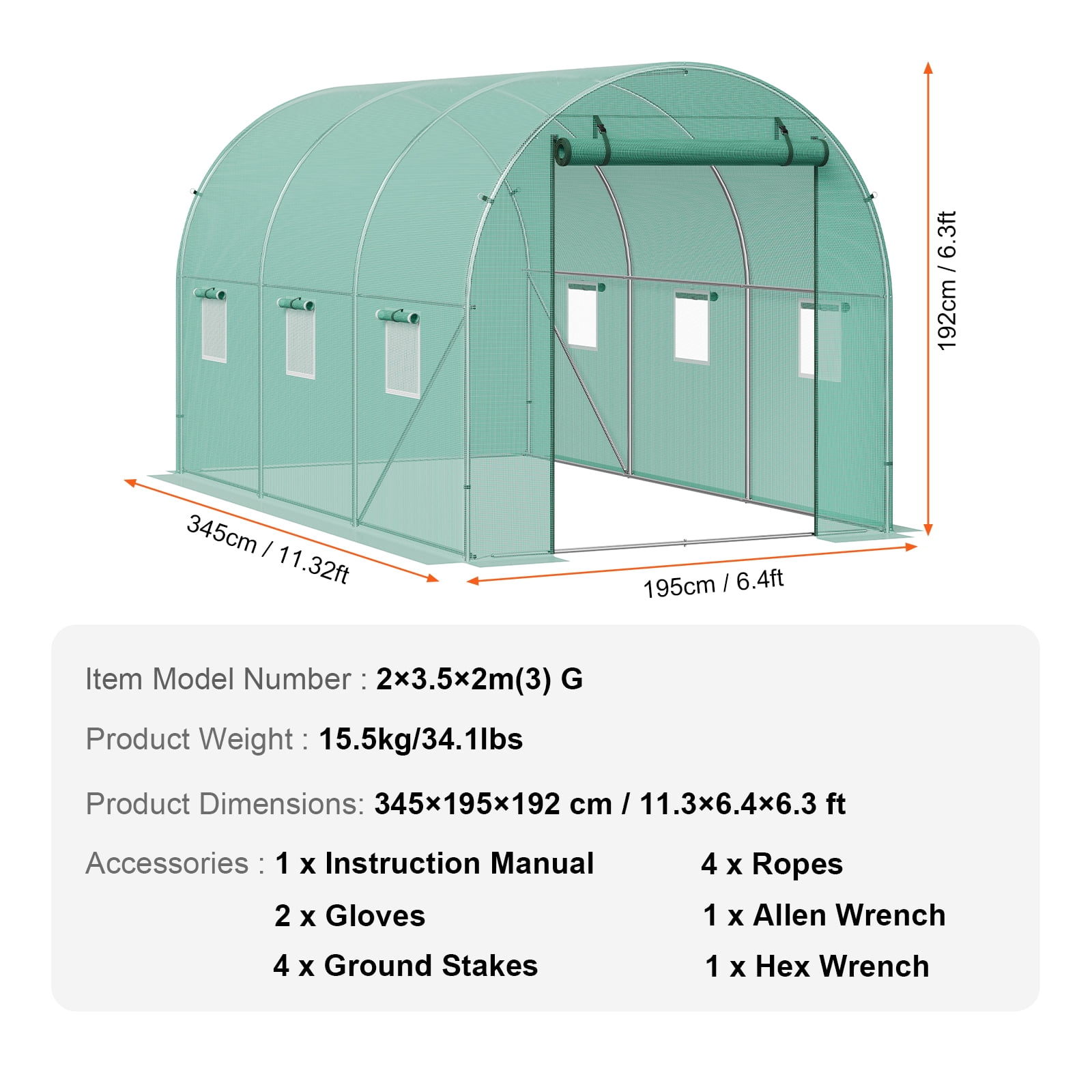 KFFKFF Walk-in Tunnel Greenhouse, 12x7x7 ft, Featuring a Durable Galvanized Steel Frame and Green PE Covering, Equipped with a Roll-up Zipper Door and 6 Ventilation Windows
