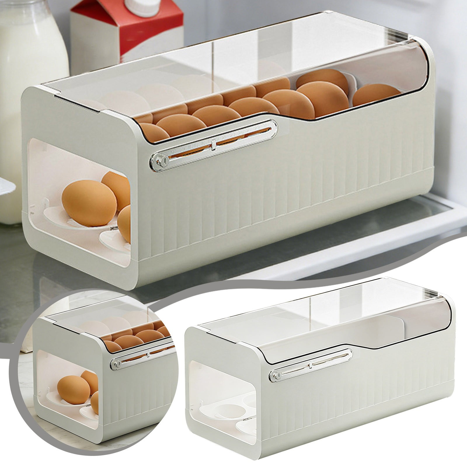 Automatic Rolling Egg Holder for Refrigerator, 2 Layer Stackable Egg Organizer with Lid, Clear Egg Storage Container and Tray for Fridge Door, Large Capacity Space Saving