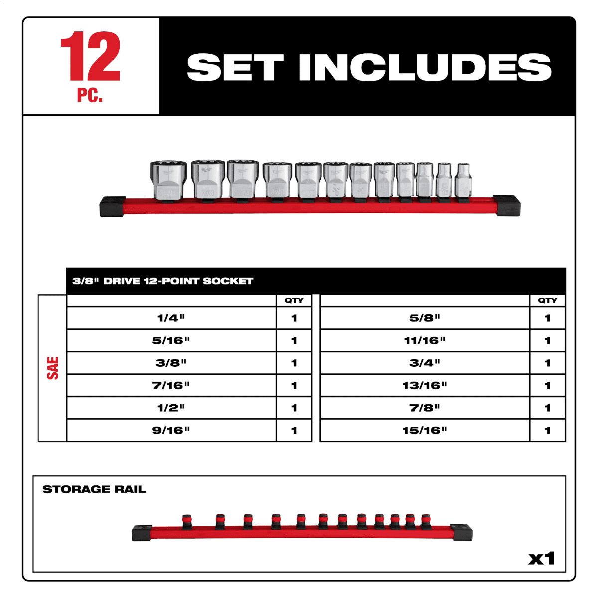 Milwaukee Tool 12pc 3/8 inch Drive 12-Point SAE Socket Set