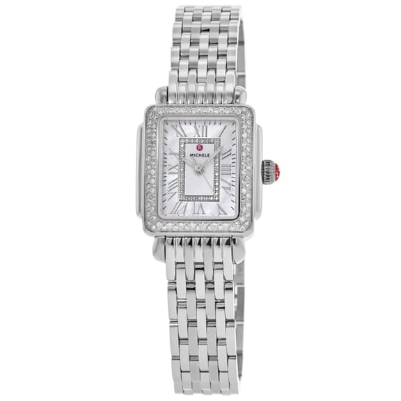 Michele Deco Madison Mini Stainless Steel Diamonds Mother-of-Pearl Dial Rectangle Womens Watch MWW06D000171