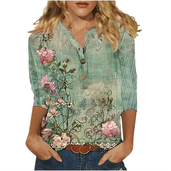 YUGYXL 2025 Trendy Henley Shirt for Women Lounge Three Quarter Sleeve Lightweight Fit Tshirt Summer Button Crew Neck Comfy Tunic Tees Going Out Clothes