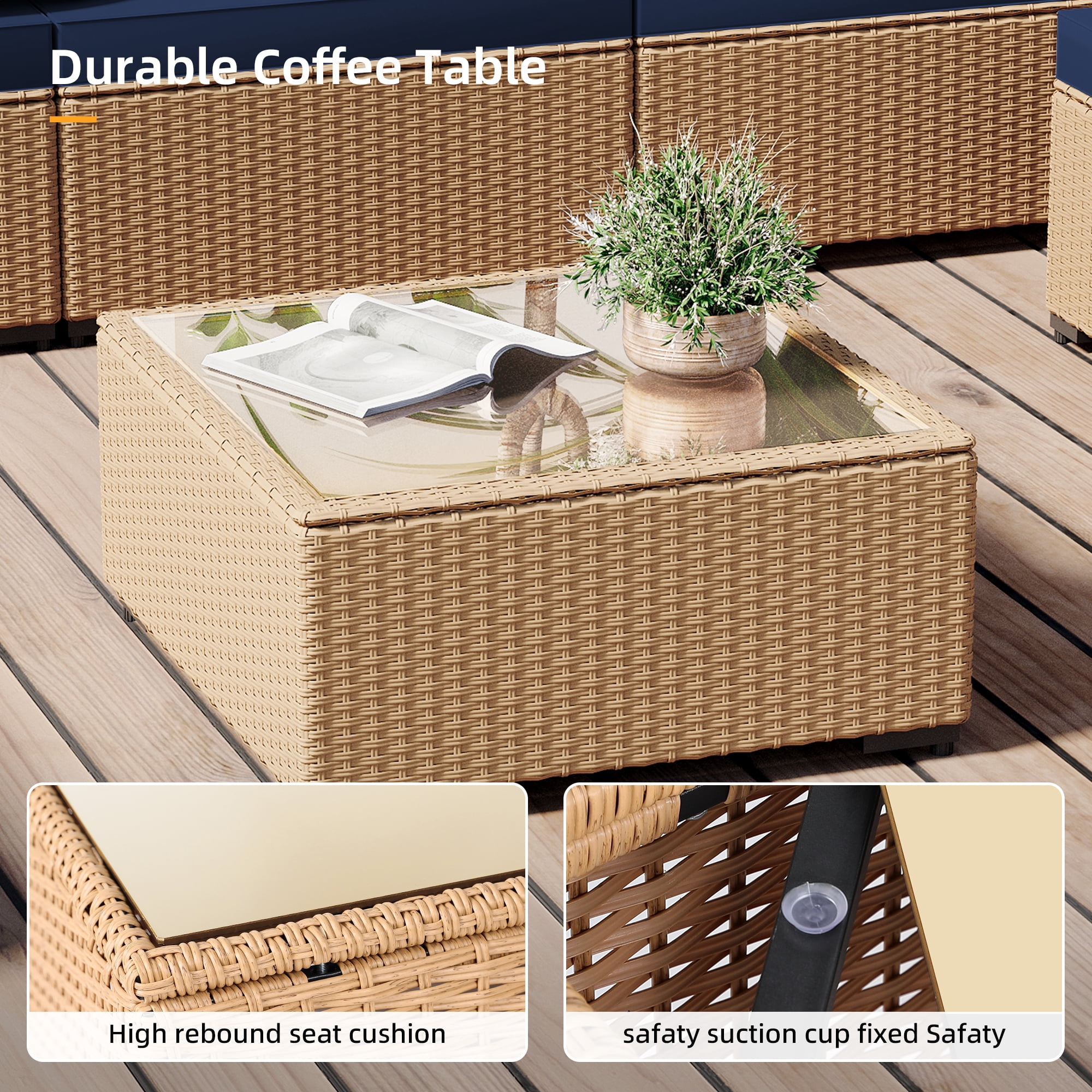 UPHA 5 Pieces Outdoor furniture Sets Patio Sectional Couch Wicker Conversation Sofa for Pools Outside, Gardens, Decks, Yellow Rattan, Navyblue Cushion