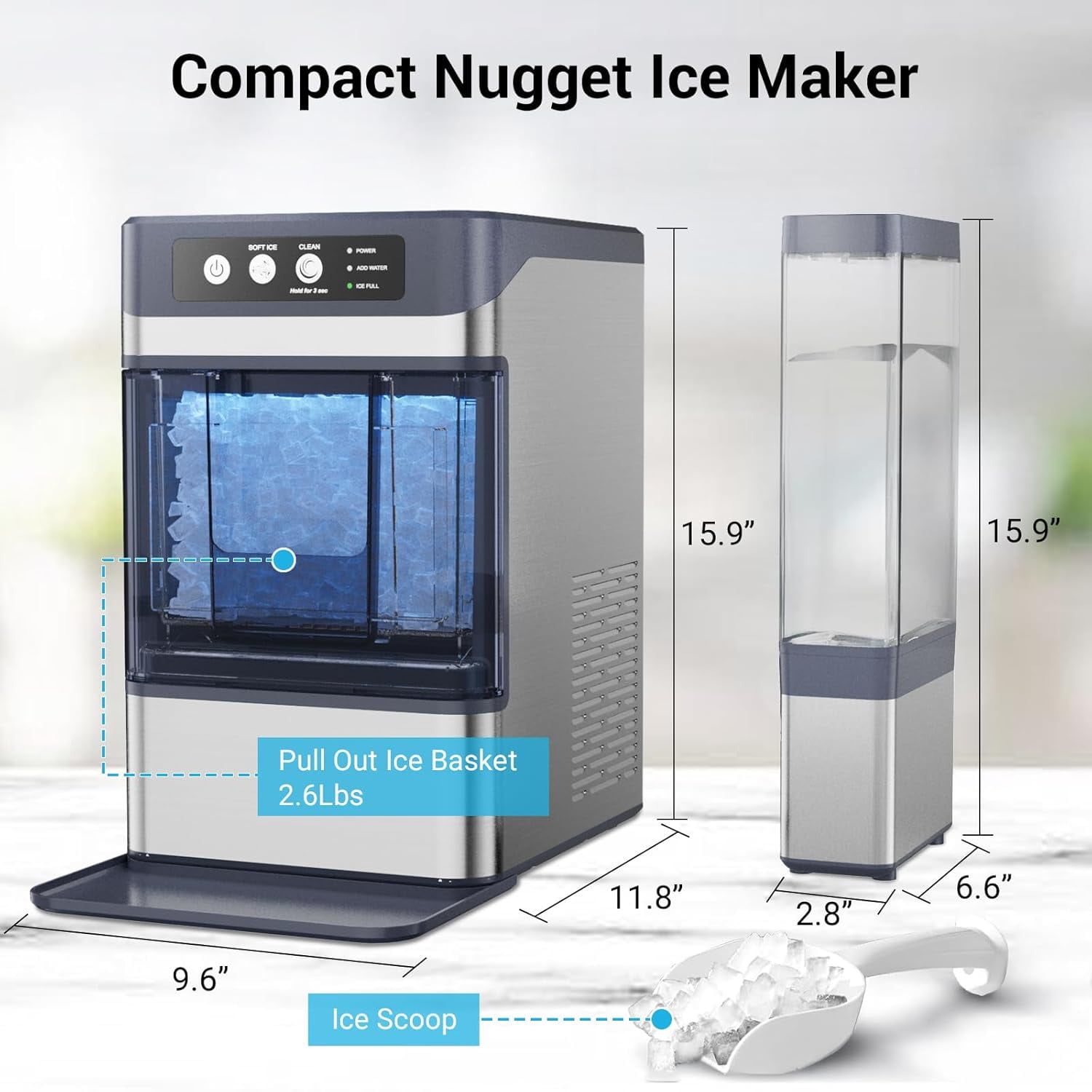 XUTUMM Nugget Ice Maker Countertop, 40lbs/Day Soft Chewable Pellet Ice Ready in 5-8 Mins, Self-Cleaning for Home, Party, RV