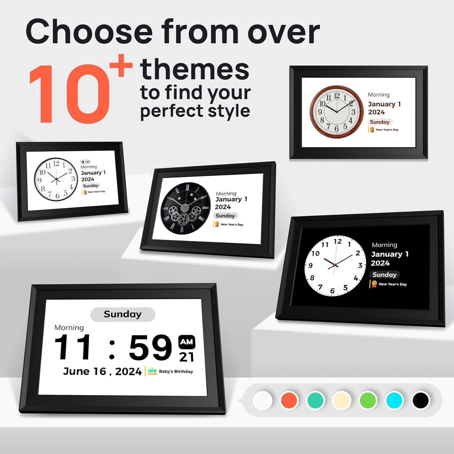 10.1 Inch Touchscreen Digital Calendar Day Clock for Seniors with Voice Alarm and WiFi Sync - Black