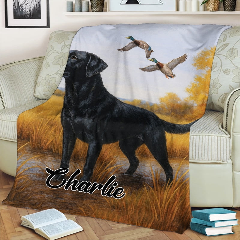Custom Name Black Labrador Hunting Ducks Blanket - Personalized Perfect for Dog Lovers and Pet Owners, Wildlife Art with Ducks Flying, Cozy Throw