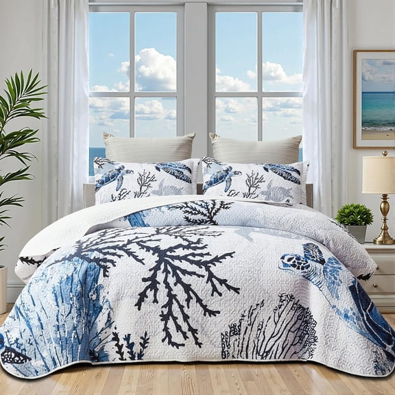 Coastal Bedding Twin Size Coastal Quilt with Sham, Nautical Beach Comforter Sets Ocean Bedspreads Blue Starfish Coverlet Summer Bedding, 68''x86''