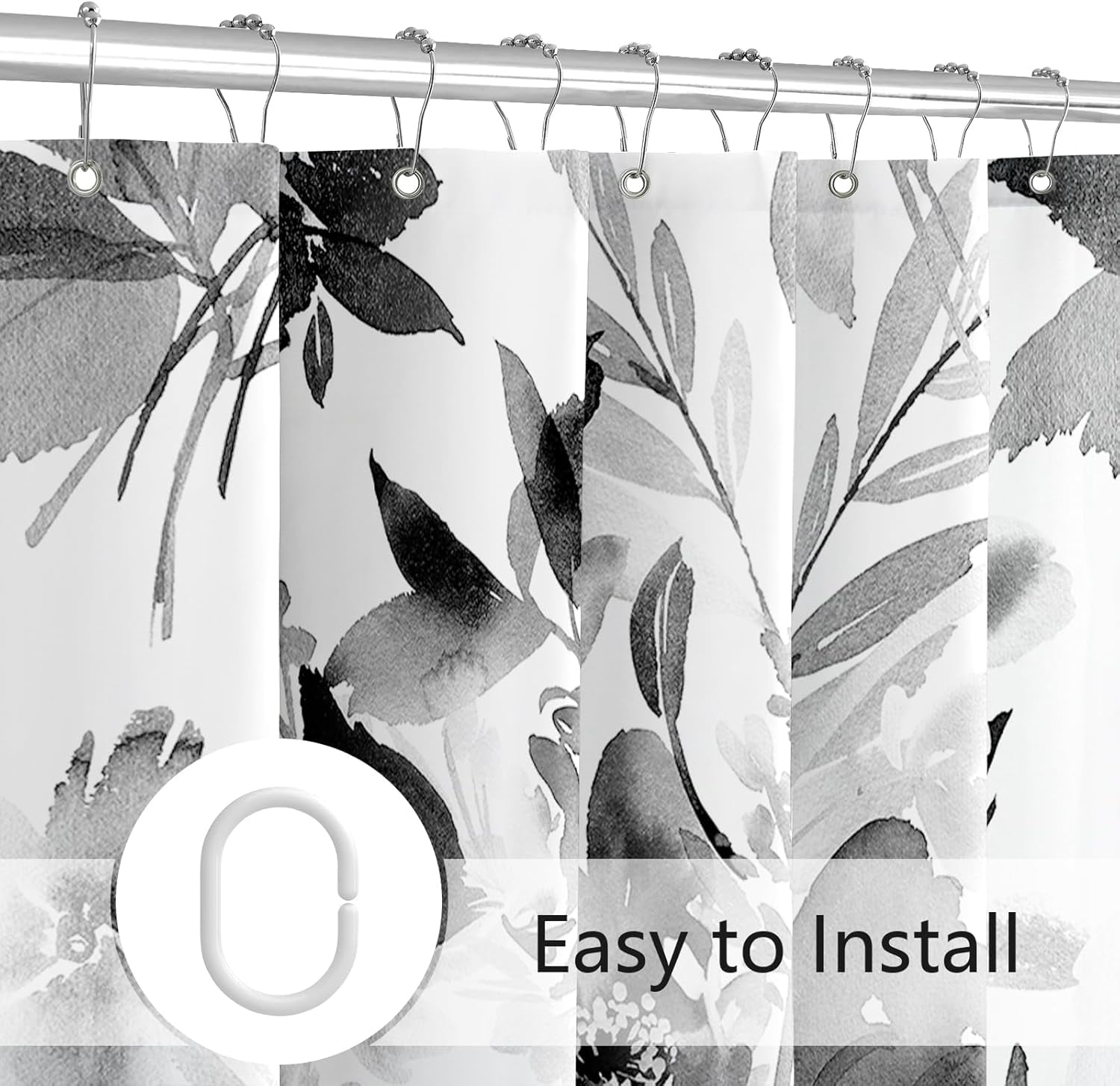 Black and White Shower Curtain, Watercolor Black Floral Shower Curtain for Bathroom, Modern Abstract Flower Decorative Fabric Shower Curtain Set with Hooks 72x72