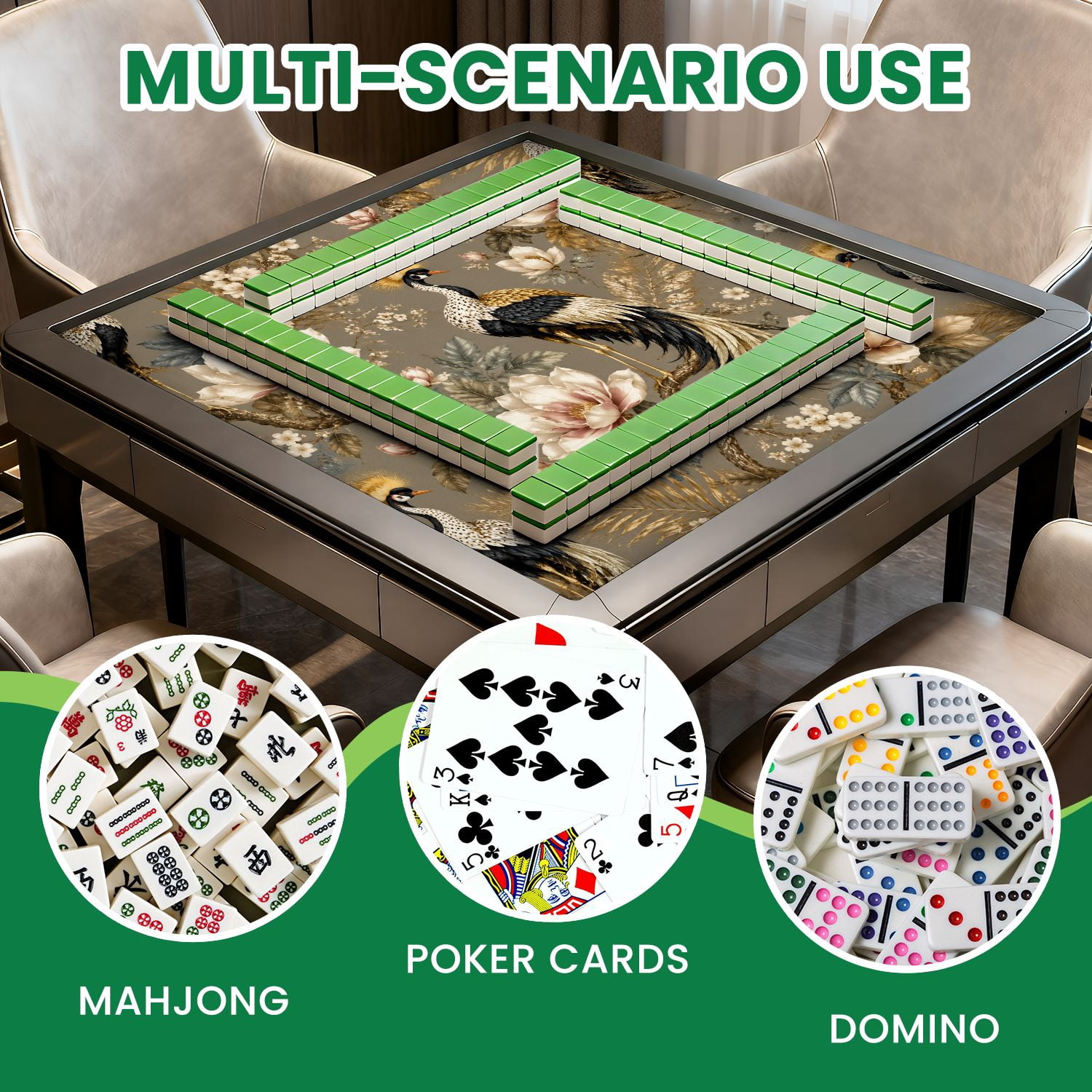 Mahjong Mat 31.5" x 31.5" Seamless golden pheasants birds flowers Japanese textile embroidery Non-Slip Neoprene Cover, Noise-Dampening Tile Game Mat for American Mahjong