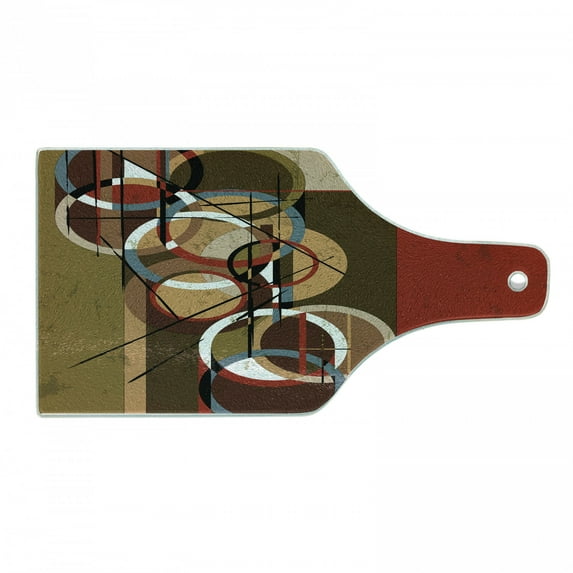 Modern Art Cutting Board, Retro Surreal Abstract Circular and Square Shaped Art Lines on Murky Base, Decorative Tempered Glass Cutting and Serving Board, Wine Bottle Shape, Multicolor, by Ambesonne