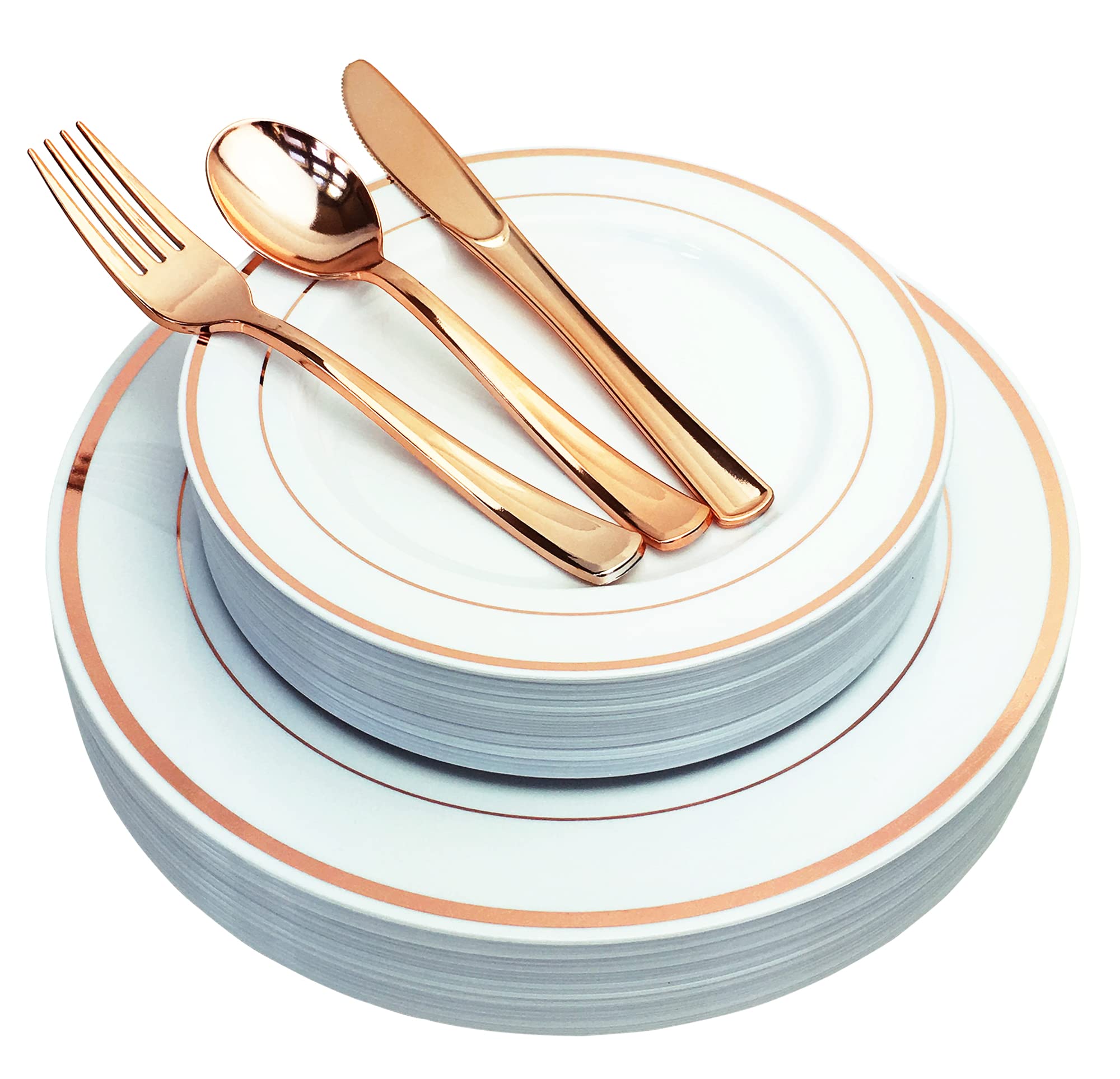 JL Prime 125 Piece Rose Gold Plastic Plates & Cutlery Set, Heavy Duty
