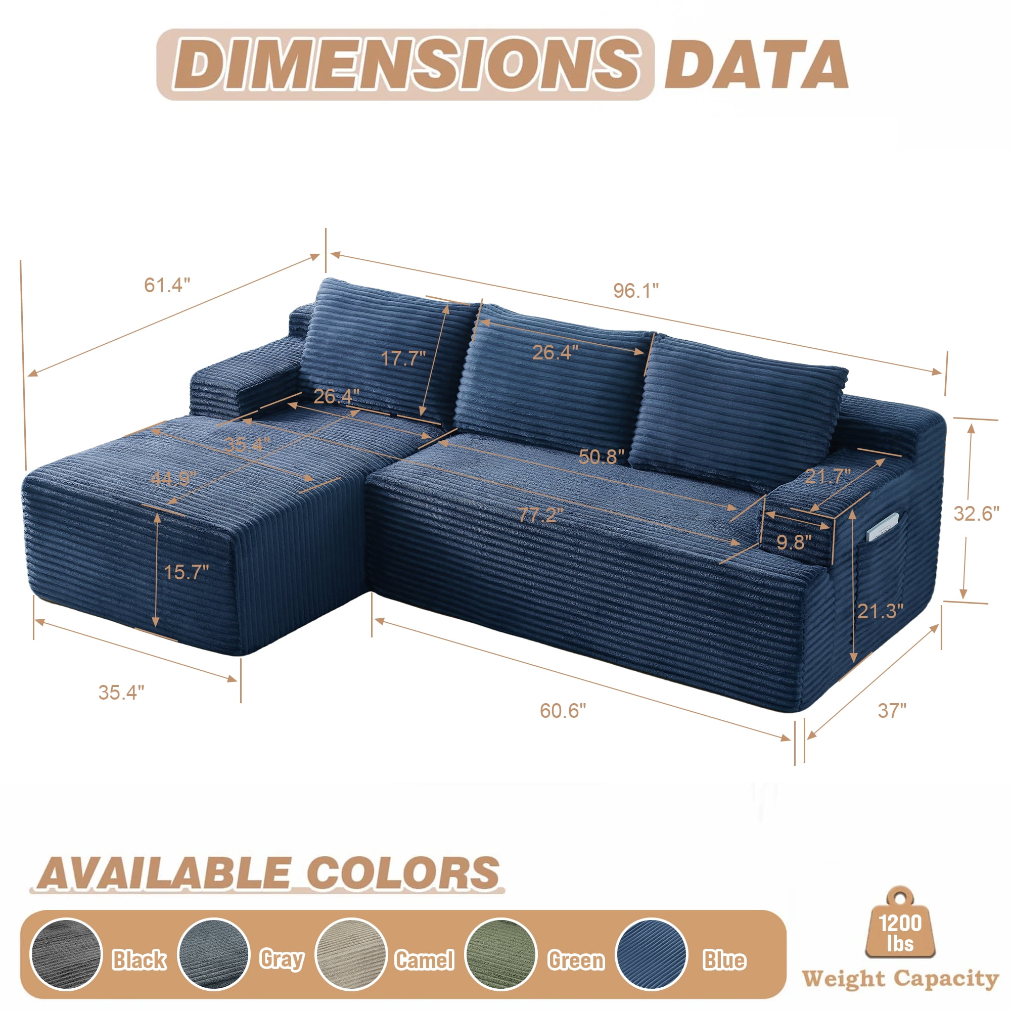 Aukfa 95" Cloud Sectional Sofa Boneless Couch Modular Sofa Bed for Living Room, 2 Side Pockets, Left Chaise, Blue