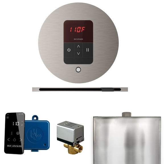 Mr Steam Basic Butler Steam Shower Pkg w/Round iTempo Control and Linear Steamhead in Brushed Nickl
