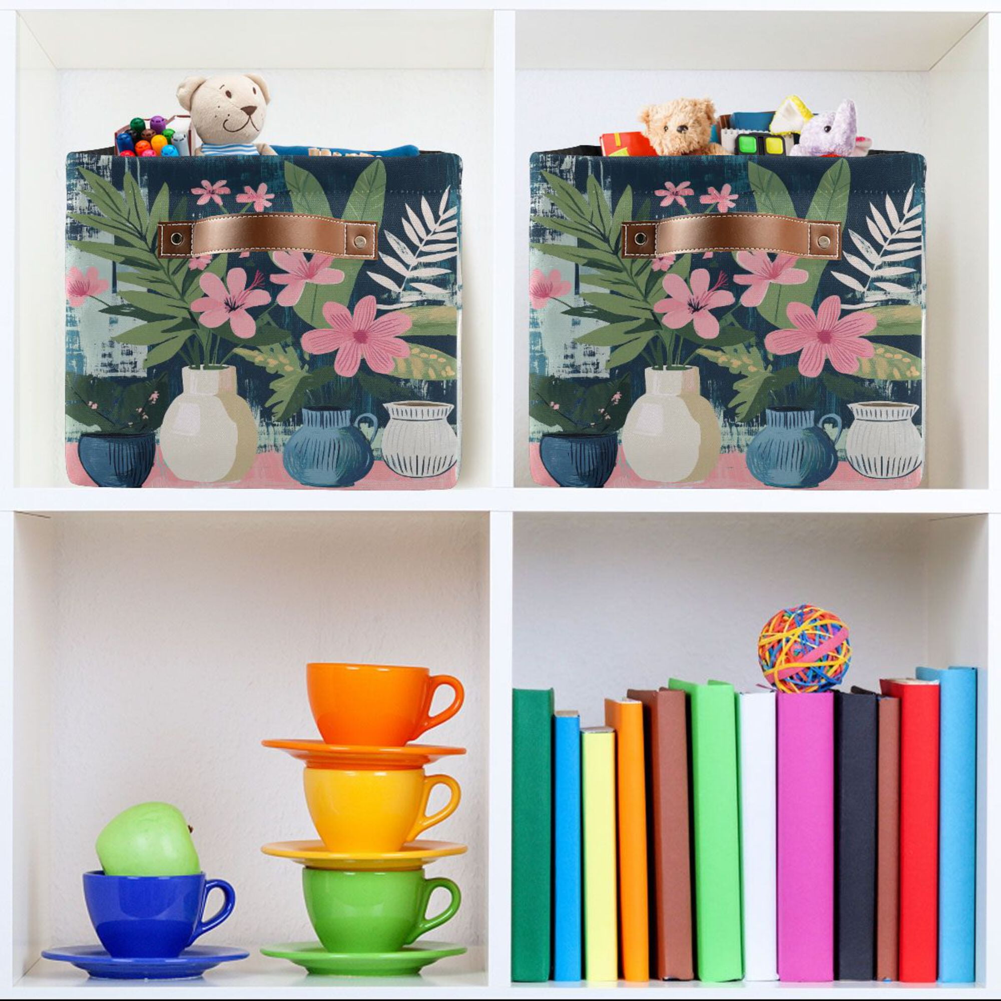 Yayeee Canvas Storage Basket with Handles for Shelves Fabric Bins Closet Organizer, Green Floral