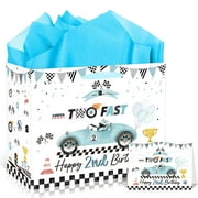EoBeCy Two Fast PresNok Happy 2nd Birthday Gift Bags Boys, Blue Racing Gift Bag with Handles, Tissue Paper and Greeting Card, Race Car Wrapping Paper 2 Year Old Birthday Party Favor Supplies
