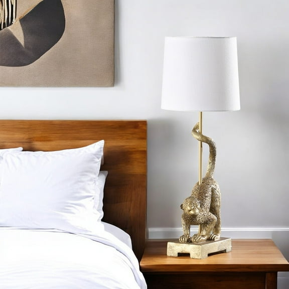 HomeRoots 524262 24 x 9 x 9 in. Gold Monkey Table Lamp with White Drum Shade