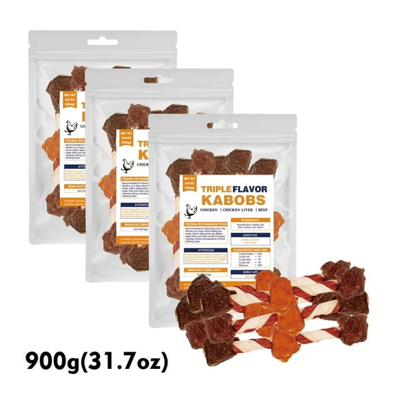 Triple Flavored Rawhide Kabobs Dog Treats, Made with Real Beef, Chicken and Chicken Liver, Healthy, Easily Digestible, Long Lasting, and High Protein, Delicious Dog Chews