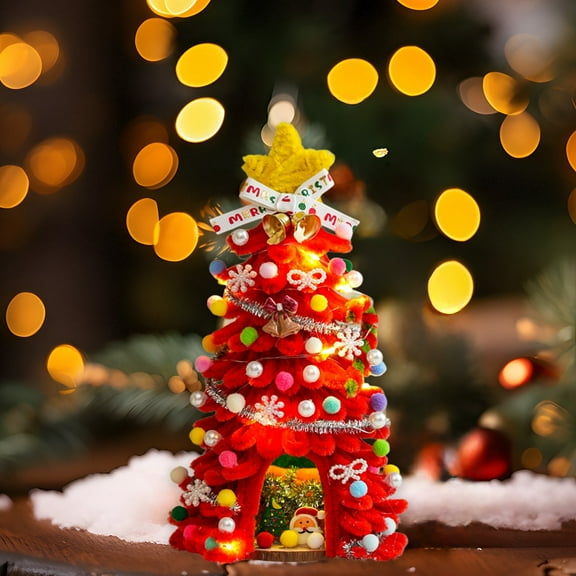 1 Pack Handmade Lighted Christmas Tree Kit, Pipe-Cleaner DIY 9.84-Inch Mini Christmas Tree Chenille Stems Tabletop Xmas Tree with Exquisite Ornaments for Holiday Home Party Decor