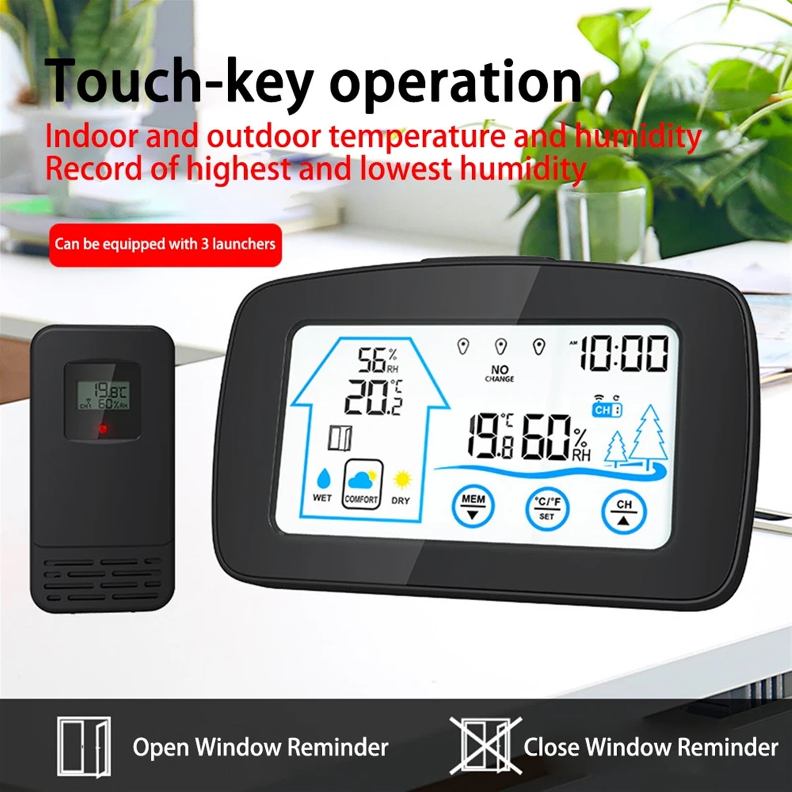 Touch Screen Temperature Humidity Monitor Wireless Indoor Outdoor Thermometer Hygrometer Digital Electronic Weather Wall Clock ,High Precision